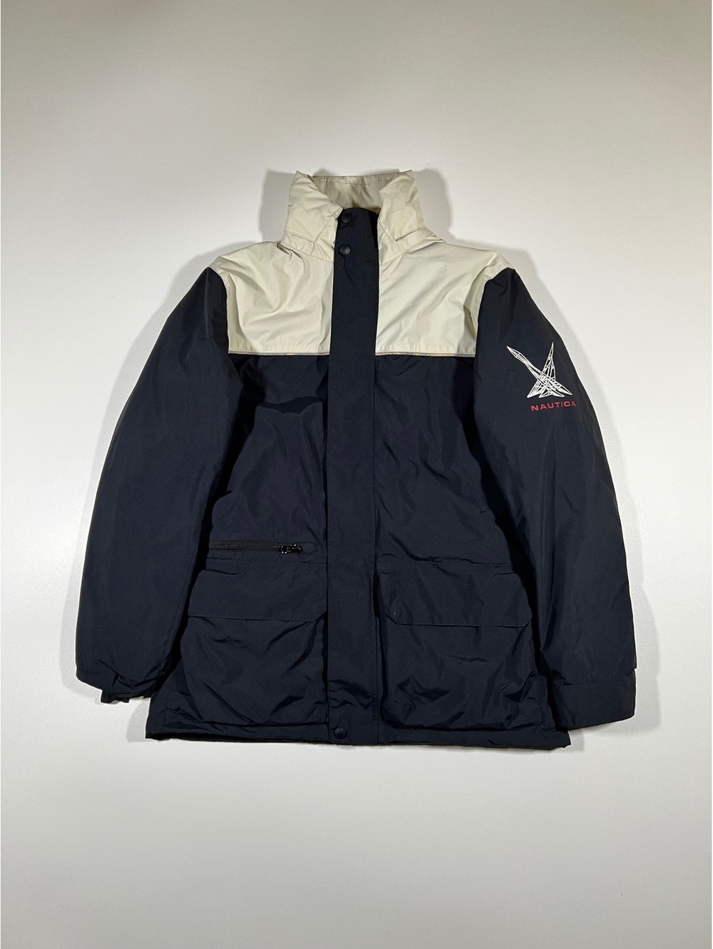 Vintage Nautica Sailing Jacket Navy Cream Hooded Colorblock Spellout Coat